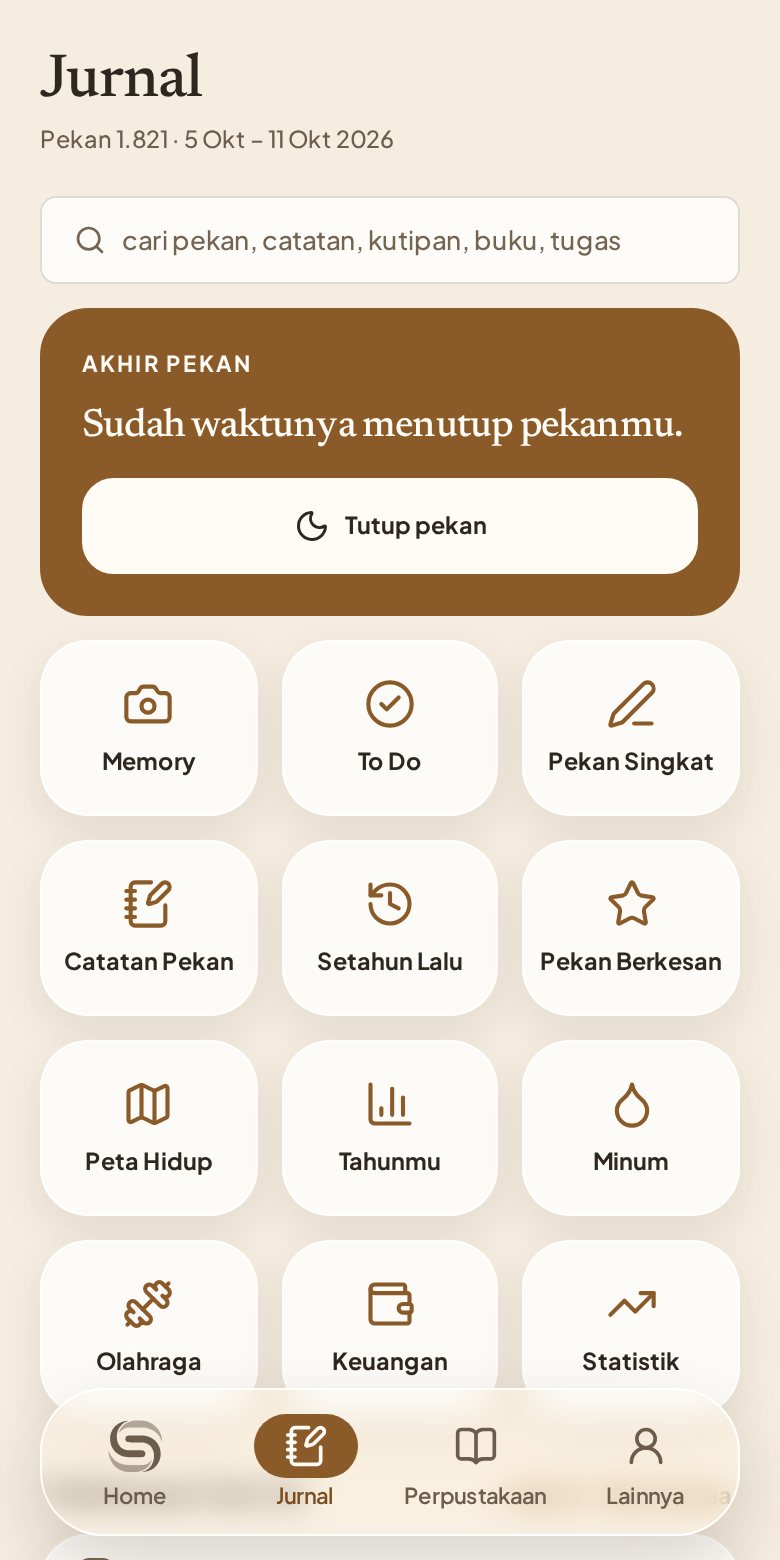 Layar Jurnal: kartu Tutup pekan dan menu Memory, To Do, Tahunmu